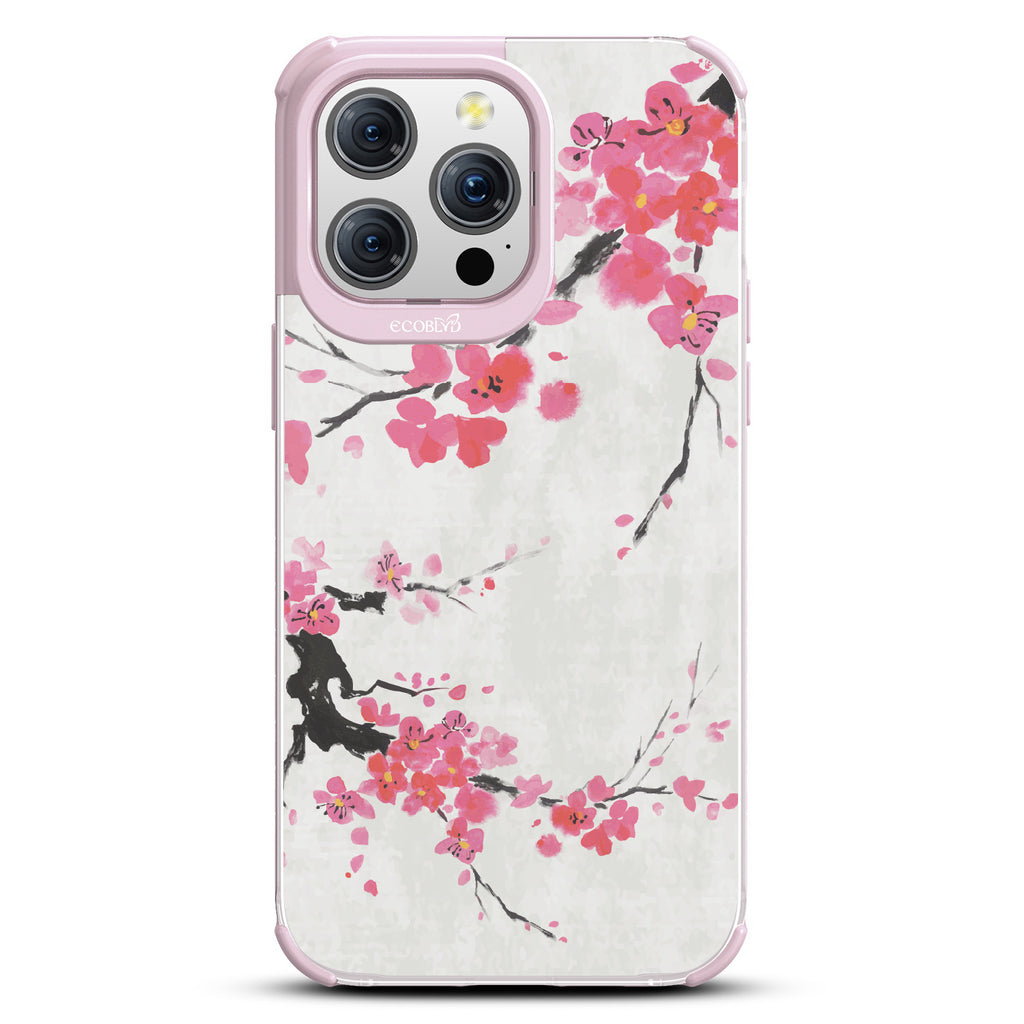 iPhone 15 Pro Max case, clear eco-friendly phone case with lilac ridges, back view, Sakura Season design
