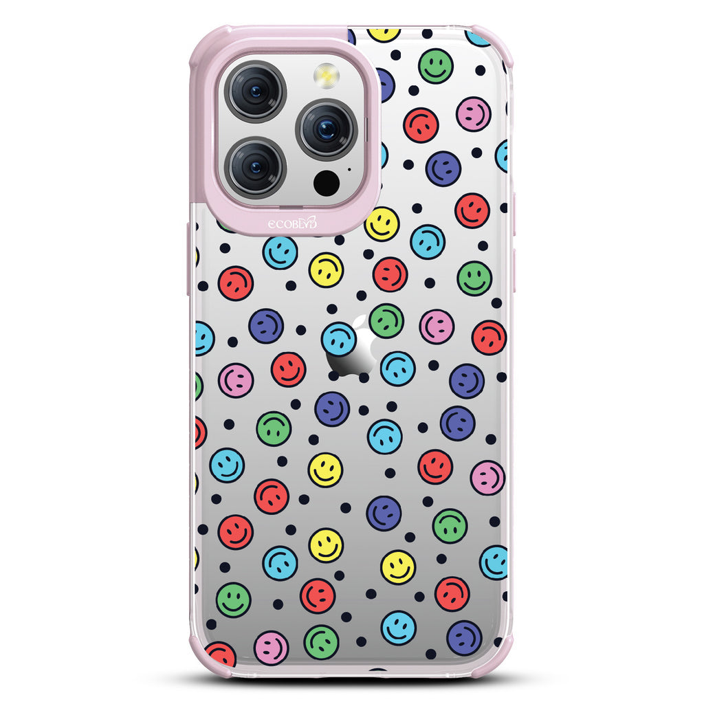 All Smiles - Multi Colored Smiley Faces & Black Dots - Eco-Friendly Clear iPhone 15 Pro Max Case With Pastel Lilac Rim  