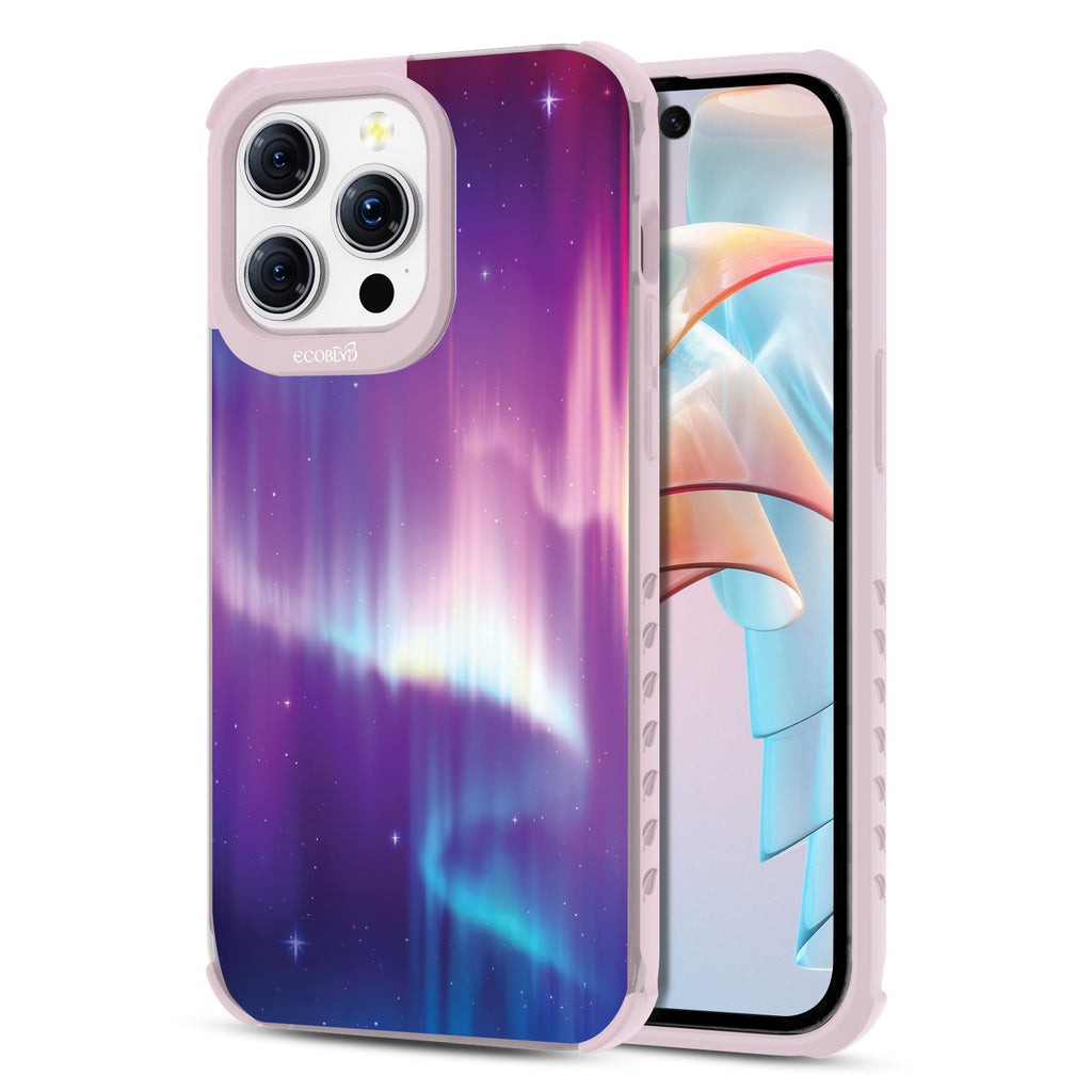  Aurora Borealis - Back View Of Eco-Friendly iPhone 15 Pro Max Clear Case With Pastel Lilac Rim & Front View Of Screen