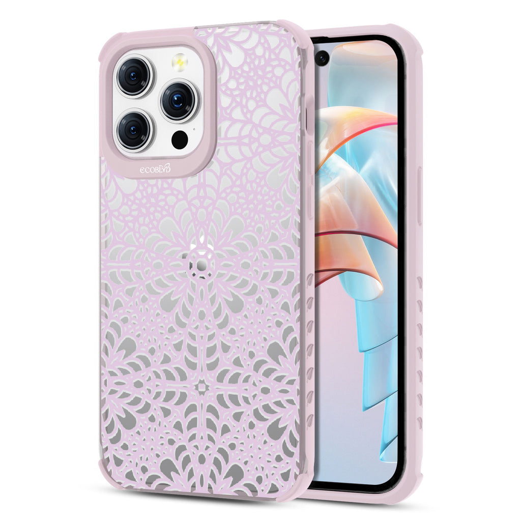 A Lil' Dainty  - Back View Of Eco-Friendly iPhone 15 Pro Max Clear Case With Pastel Lilac Rim & Front View Of Screen