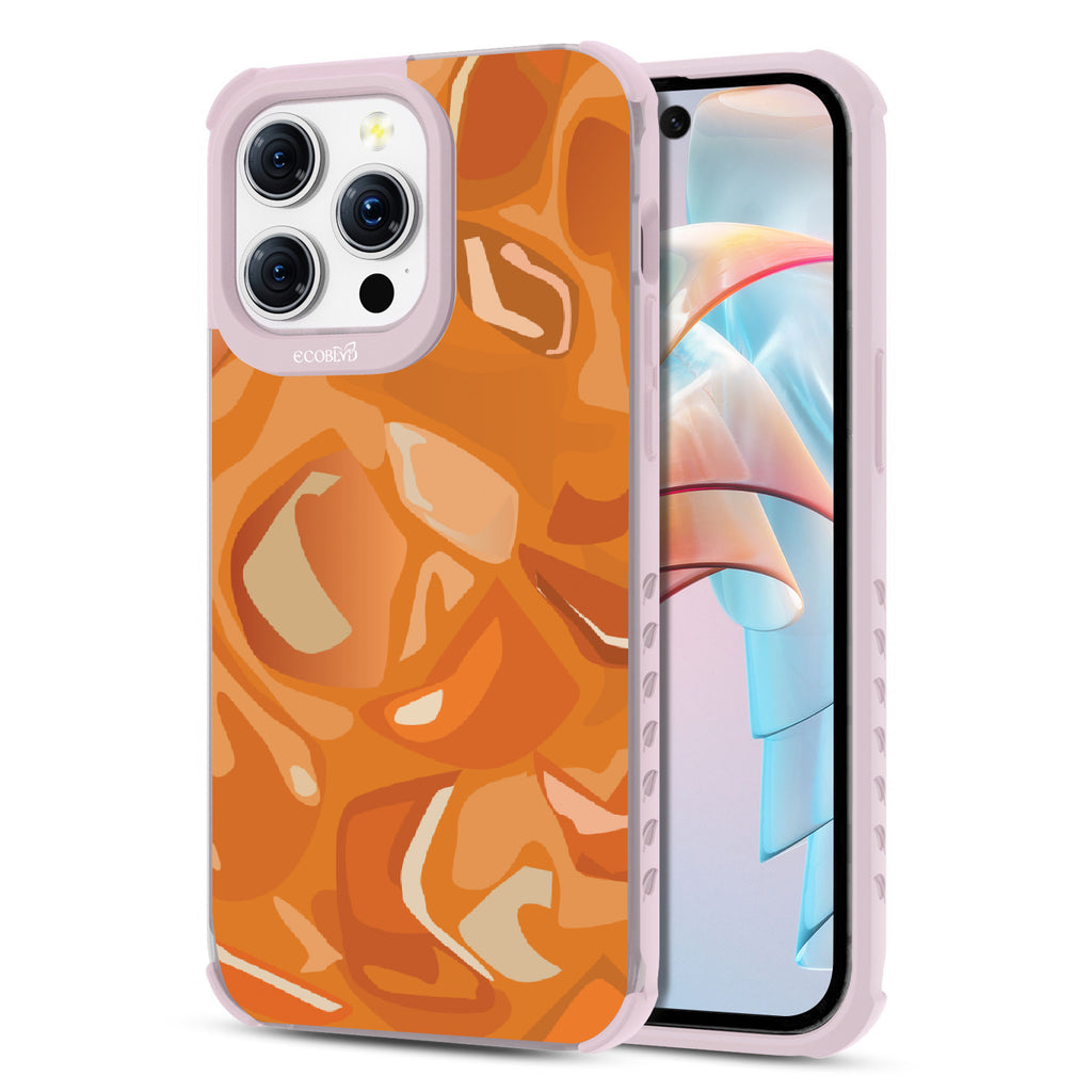 Front and back view of iPhone 15 Pro Max case, clear compostable phone case with lilac ridges, Cream & Sugar design