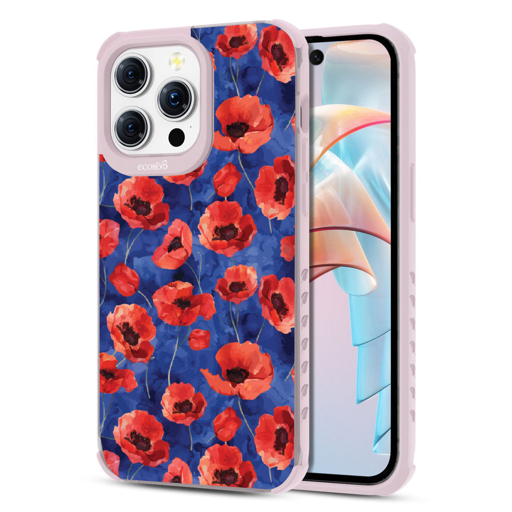 Front and back view of iPhone 15 Pro Max case, clear compostable phone case with lilac ridges, Dream Bouquet design