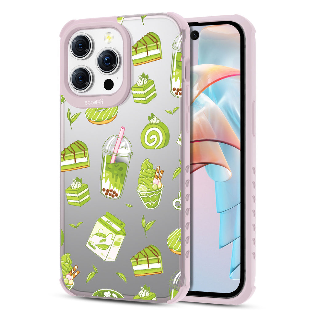 Front and back view of iPhone 15 Pro Max case, clear compostable phone case with lilac ridges, So Matcha More design