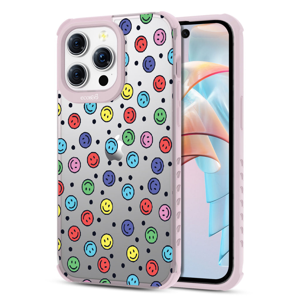 All Smiles  - Back View Of Eco-Friendly Black iPhone 15 Pro Max Case With Pastel Lilac Rim & Front View Of Screen