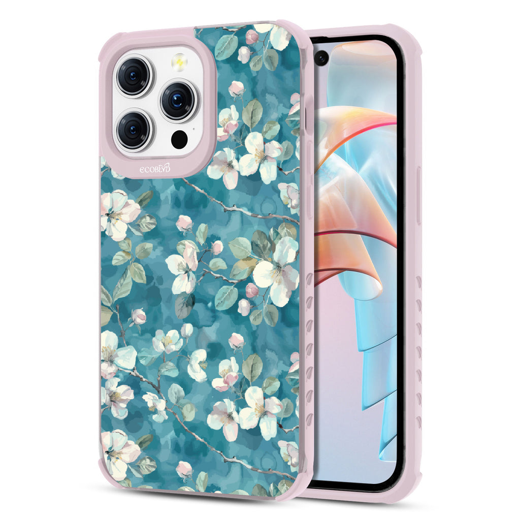 Front and back view of iPhone 15 Pro Max case, clear compostable phone case with lilac ridges, Sway & Sprout design
