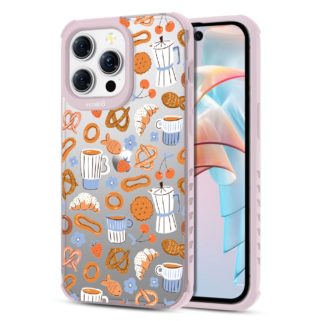 Front and back view of iPhone 15 Pro Max case, clear compostable phone case with lilac ridges, The Breakfast Club design