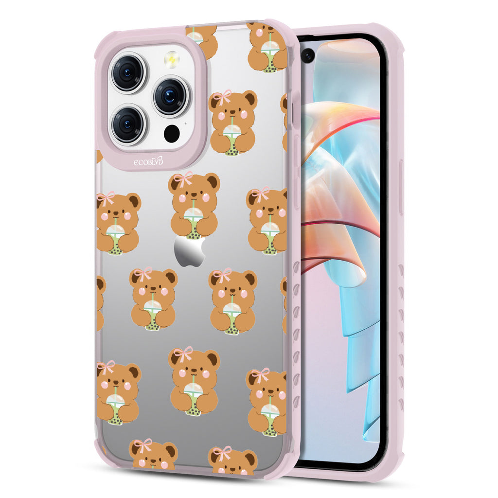 Front and back view of iPhone 15 Pro Max case, clear compostable phone case with lilac ridges, Bear-ista Approved design