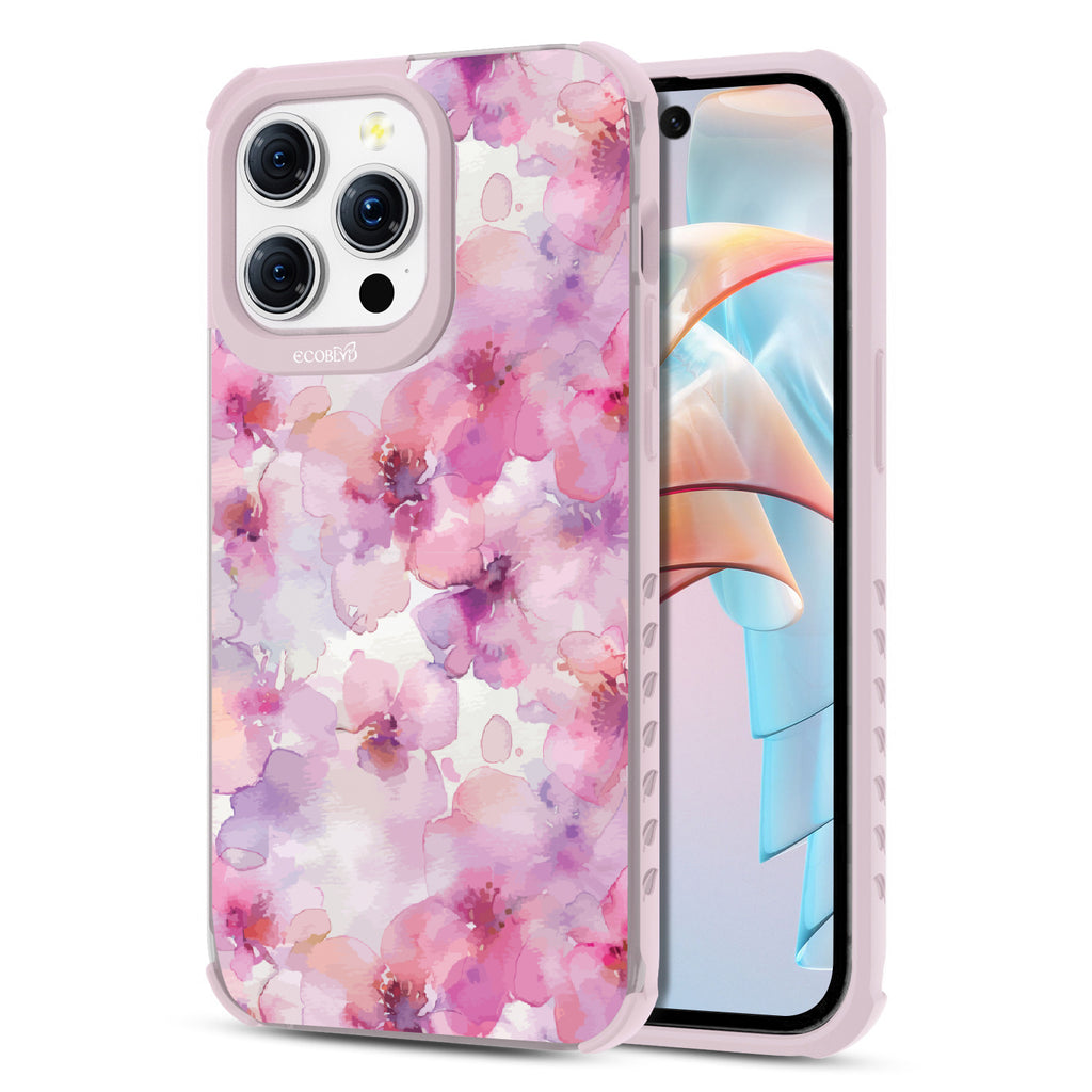 Front and back view of iPhone 15 Pro Max case, clear compostable phone case with lilac ridges, Rosewater design