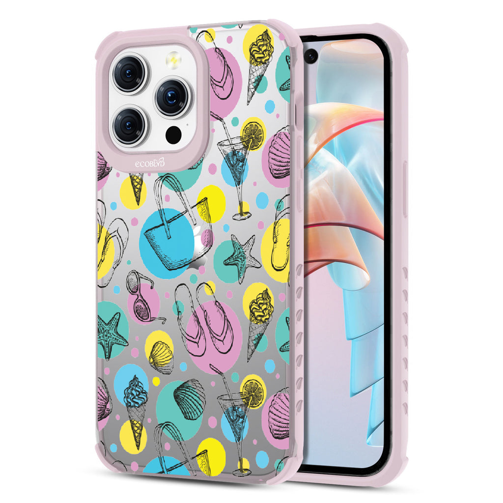 Beach Please - Back View Of Eco-Friendly iPhone 15 Pro Max Clear Case With Pastel Lilac Rim & Front View Of Screen