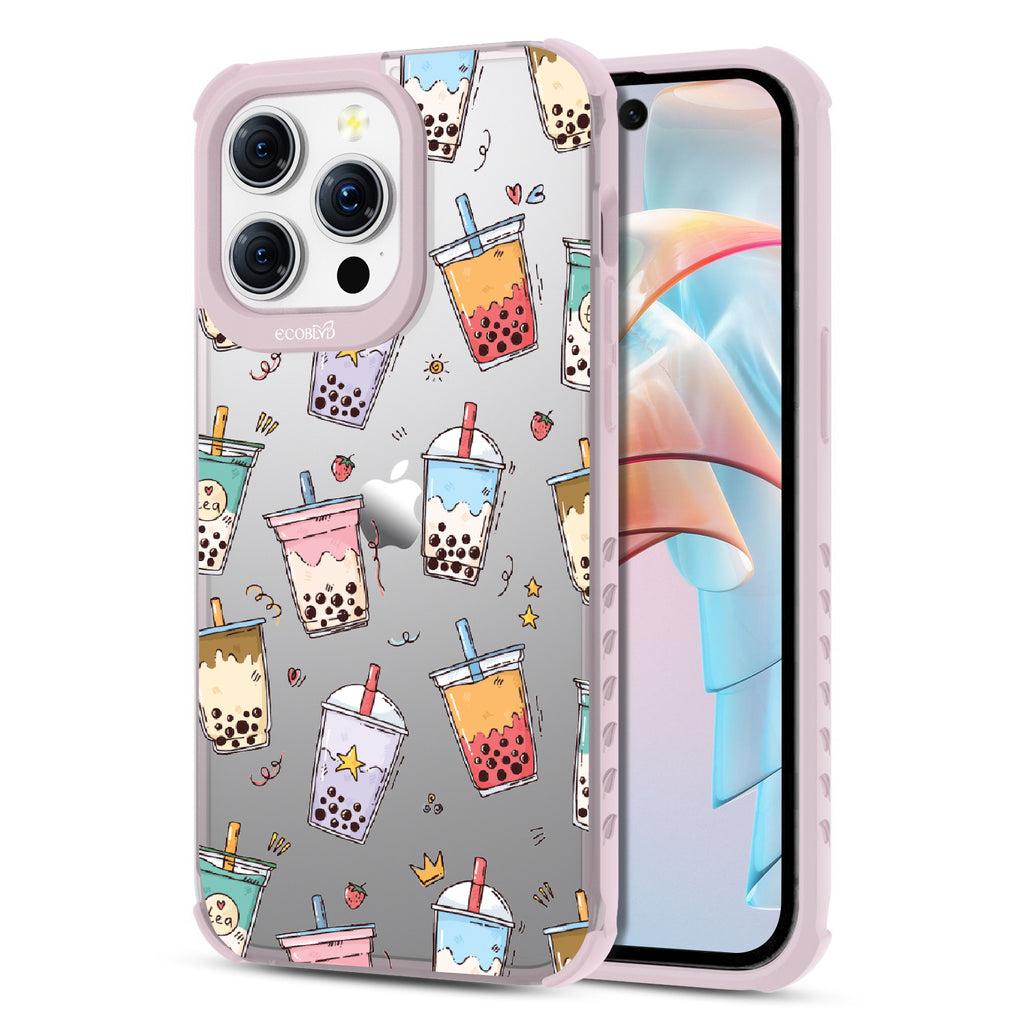 Front and back view of iPhone 15 Pro Max case, clear compostable phone case with lilac ridges, Best-Teas design