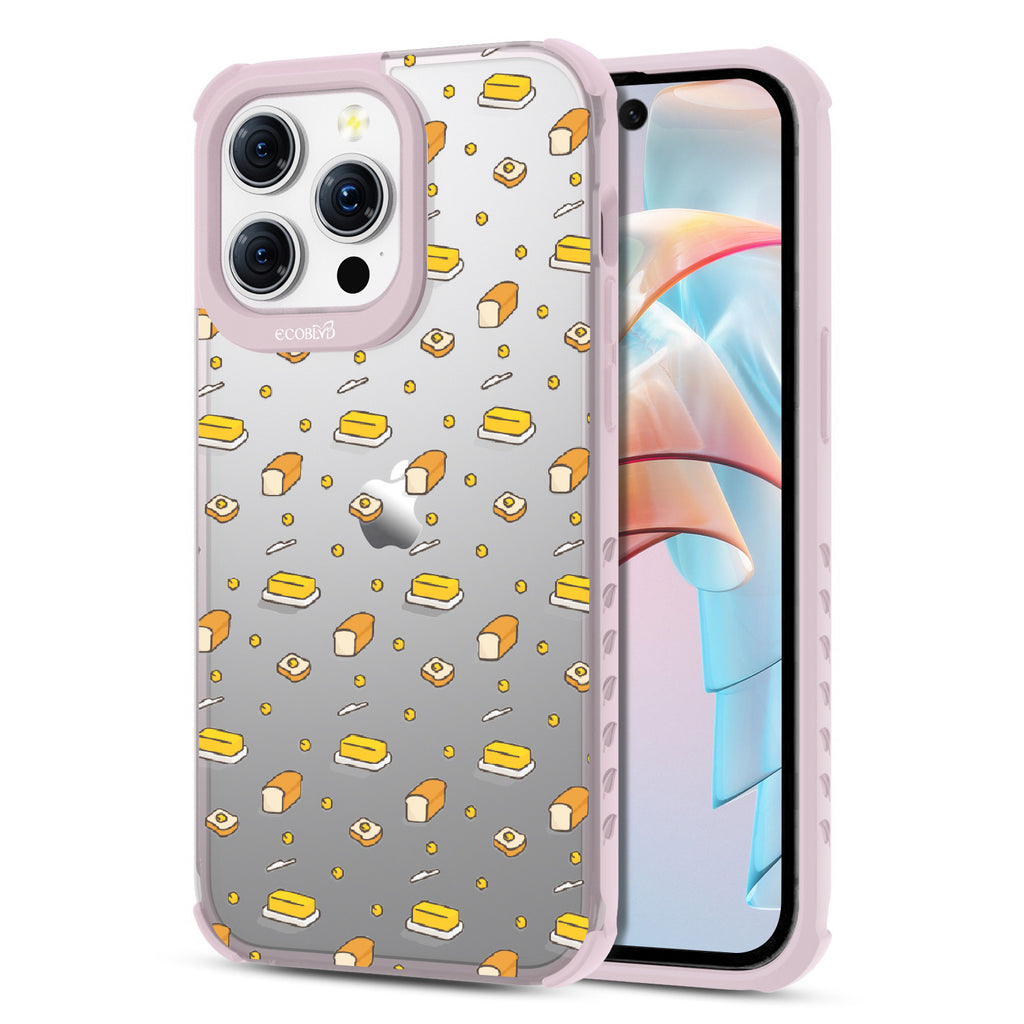 Front and back view of iPhone 15 Pro Max case, clear compostable phone case with lilac ridges, Butter Me Up design
