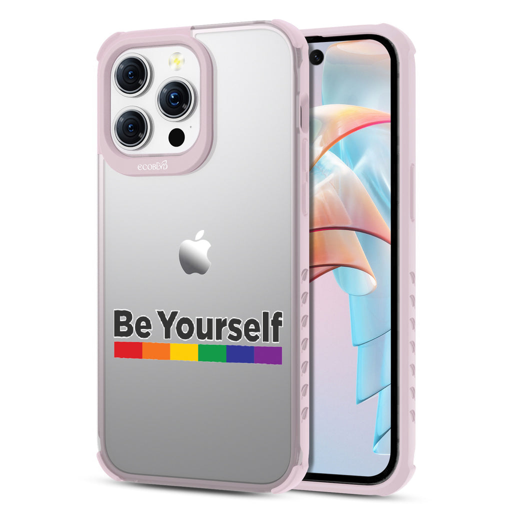 Be Yourself - Back View Of Eco-Friendly iPhone 15 Pro Max Clear Case With Pastel Lilac Rim & Front View Of Screen