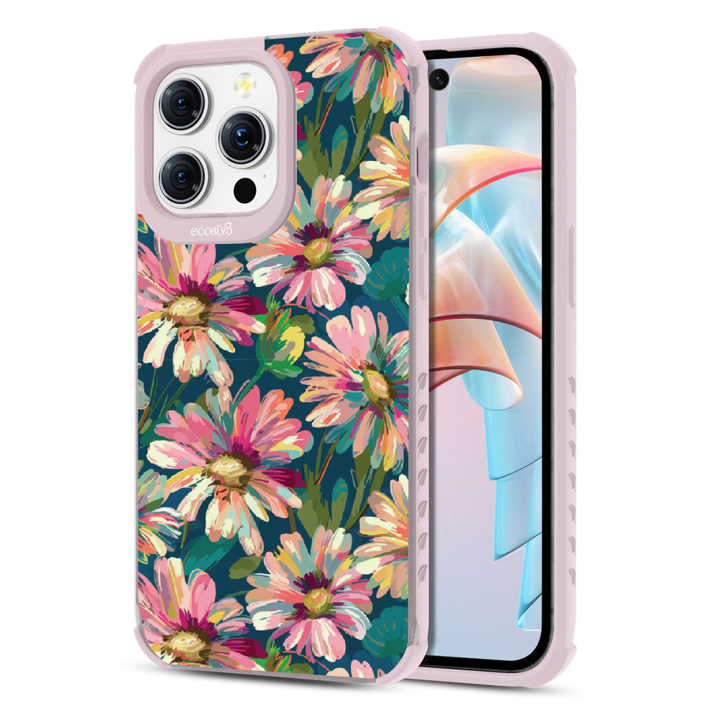 Front and back view of iPhone 15 Pro Max case, clear compostable phone case with lilac ridges, Daisy Dusk design