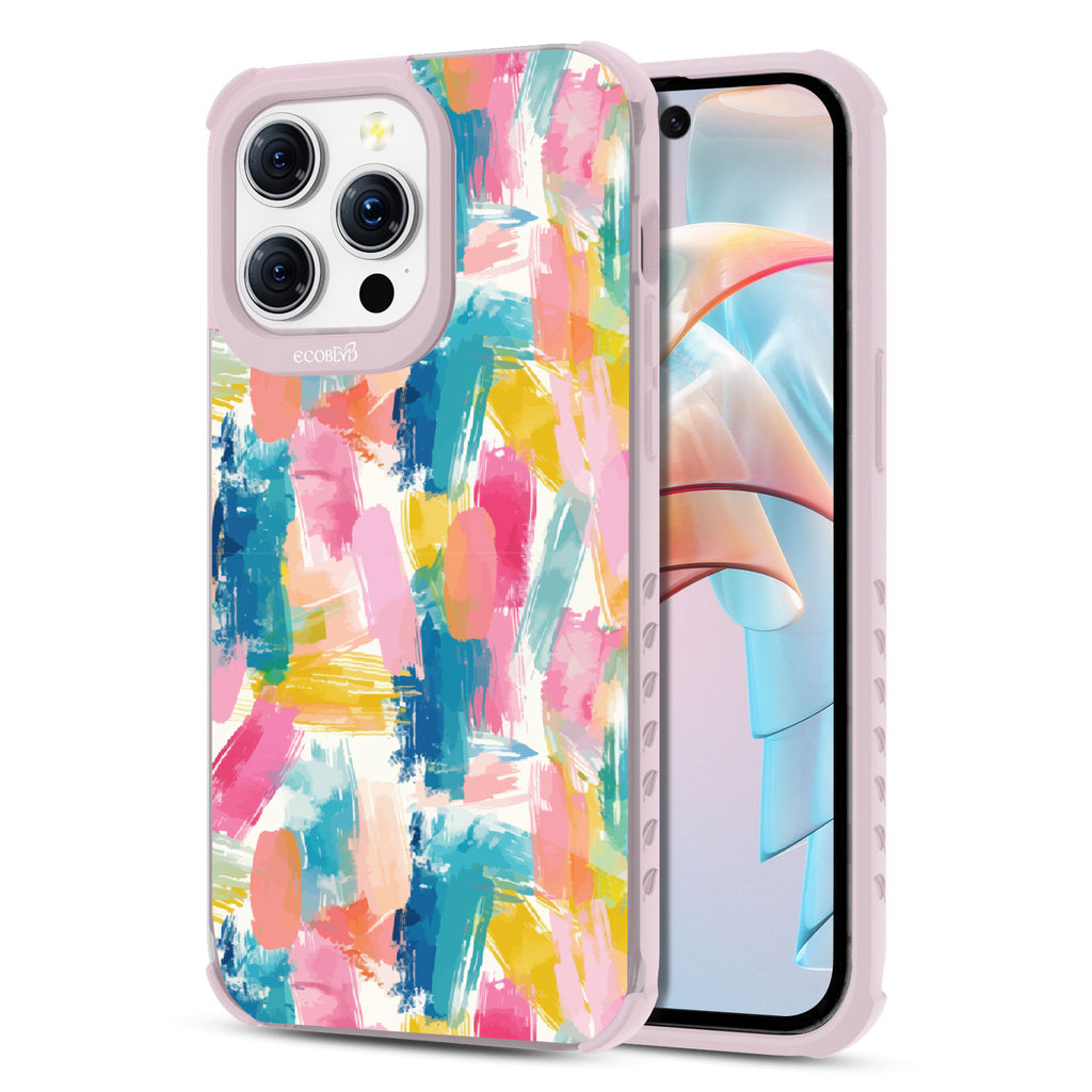 Front and back view of iPhone 15 Pro Max case, clear compostable phone case with lilac ridges, Blurred Beauty design