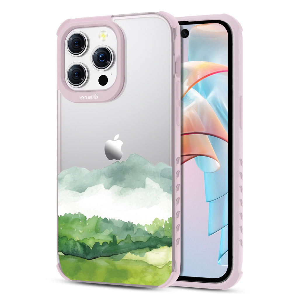 Front and back view of iPhone 15 Pro Max case, clear compostable phone case with lilac ridges, Open Horizon design