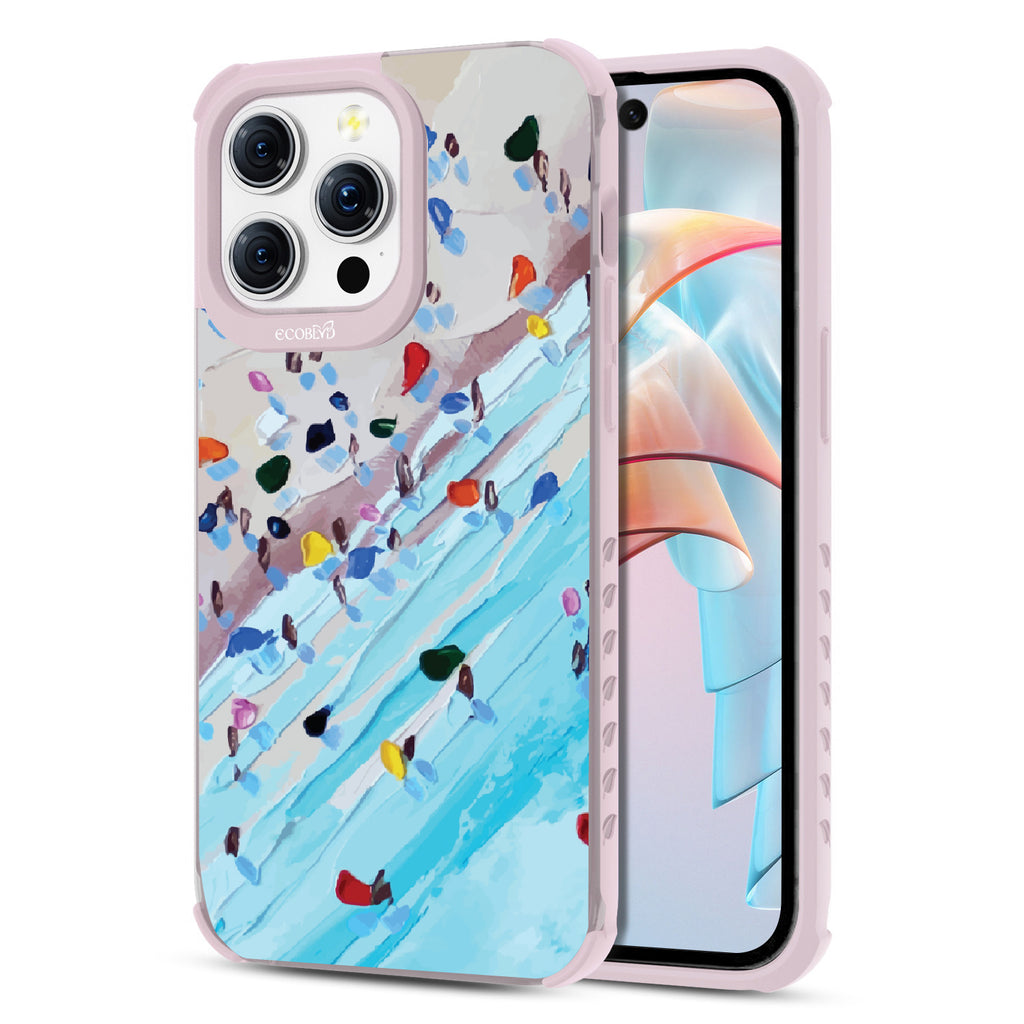 Front and back view of iPhone 15 Pro Max case, clear compostable phone case with lilac ridges, Waves of Color design