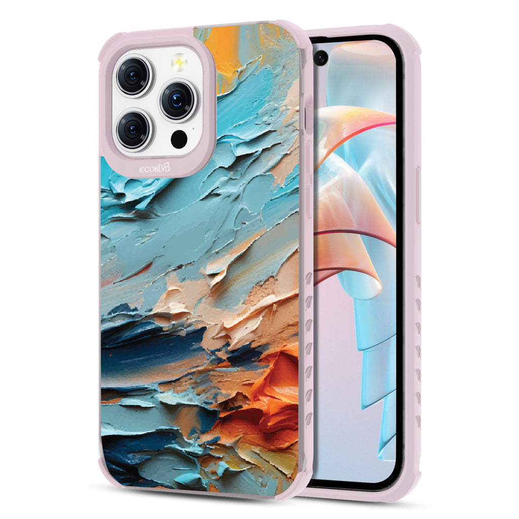 Front and back view of iPhone 15 Pro Max case, clear compostable phone case with lilac ridges, Frame of Mind design