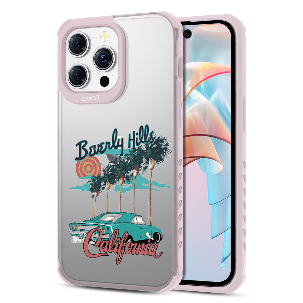 Front and back view of iPhone 15 Pro Max case, clear compostable phone case with lilac ridges, 90210 design