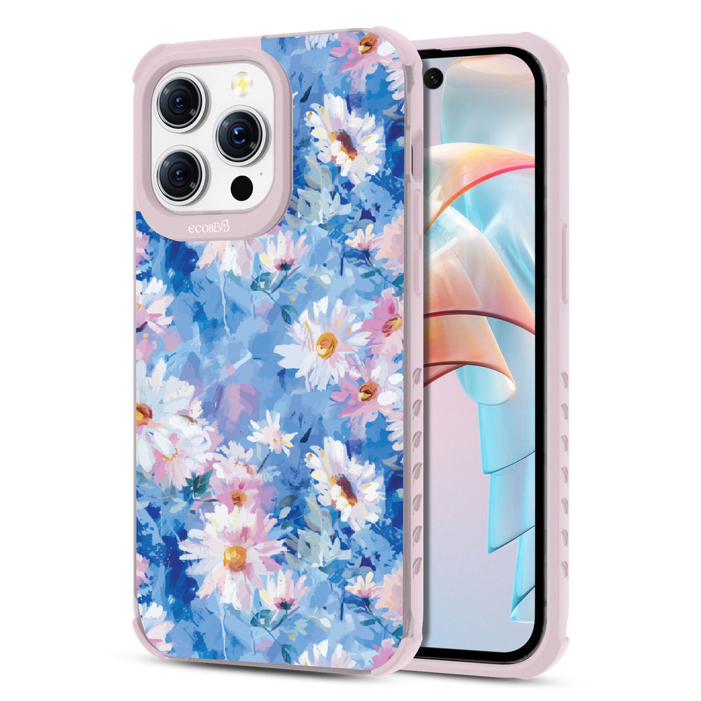 Front and back view of iPhone 15 PRo Max case, clear compostable phone case with lilac ridges, Blown Away design