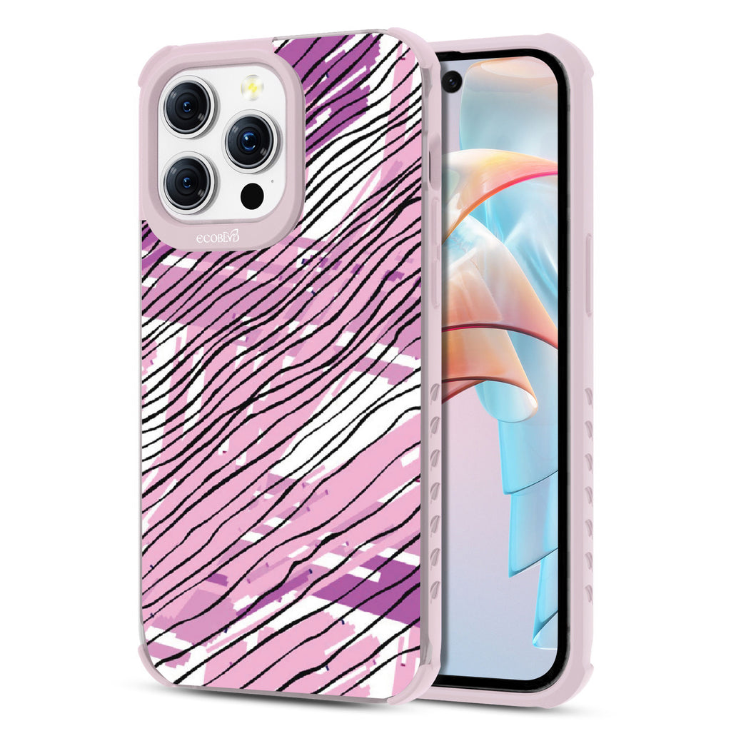 Abstract Rhythms  - Back View Of Eco-Friendly  iPhone 15 Pro Max Clear Case With Pastel Lilac Rim & Front View Of Screen