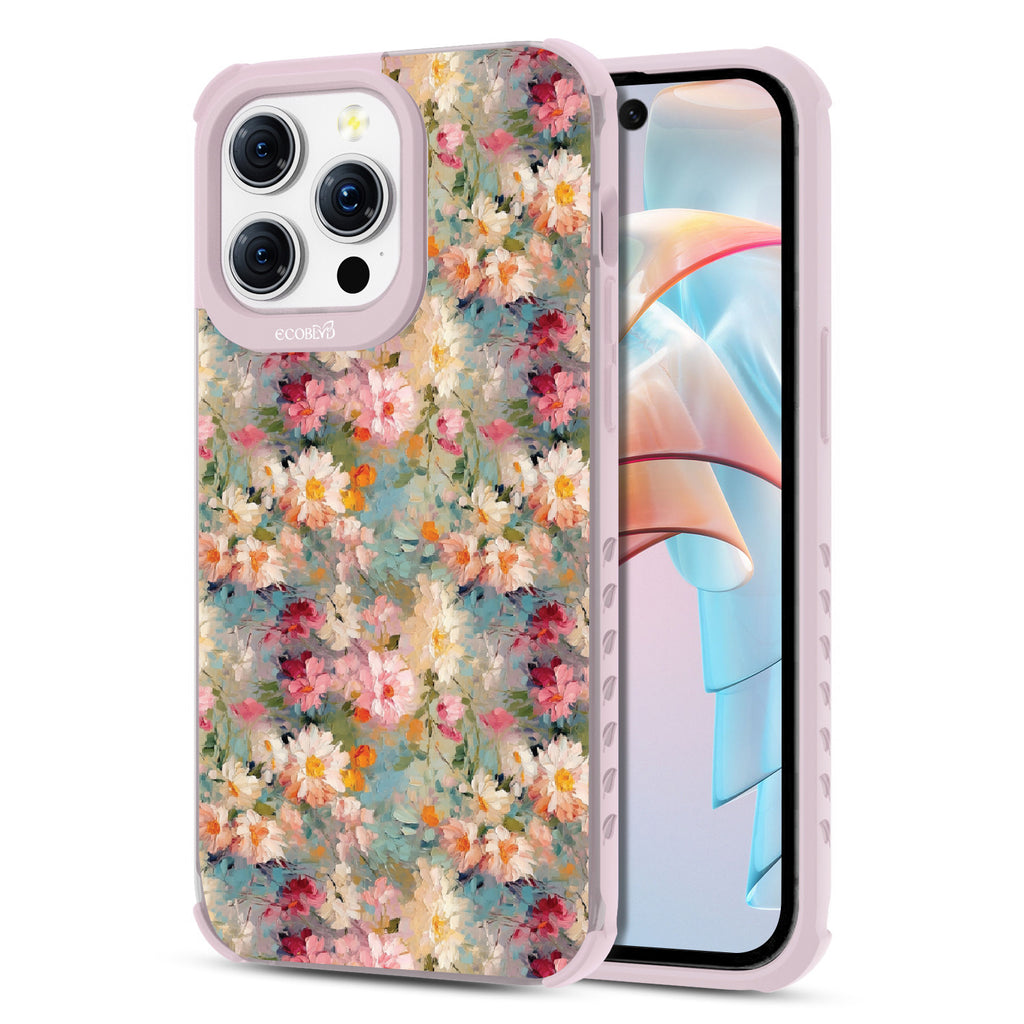 Front and back view of iPhone 15 Pro Max case, clear compostable phone case with lilac ridges, Perennial design