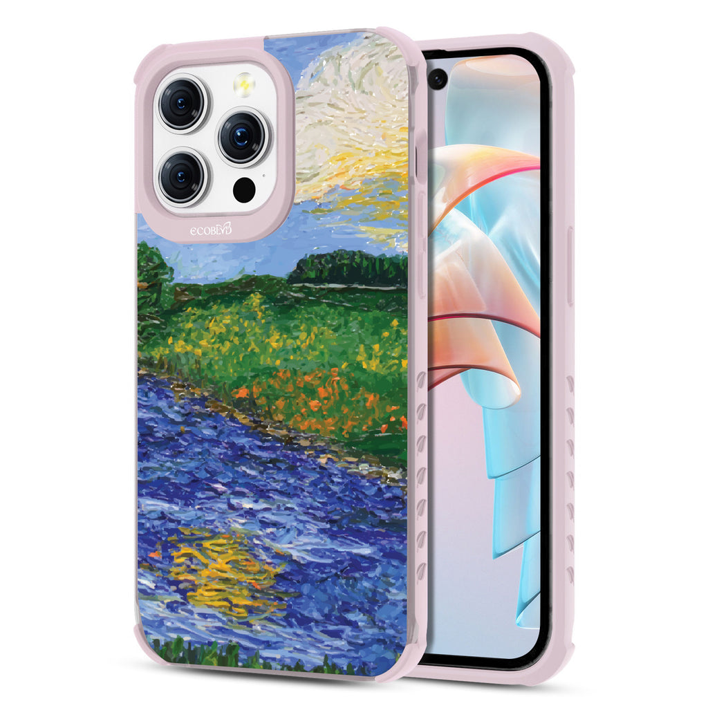 Front and back view of iPhone 15 Pro Max case, clear compostable phone case with lilac ridges, Field of Vision design