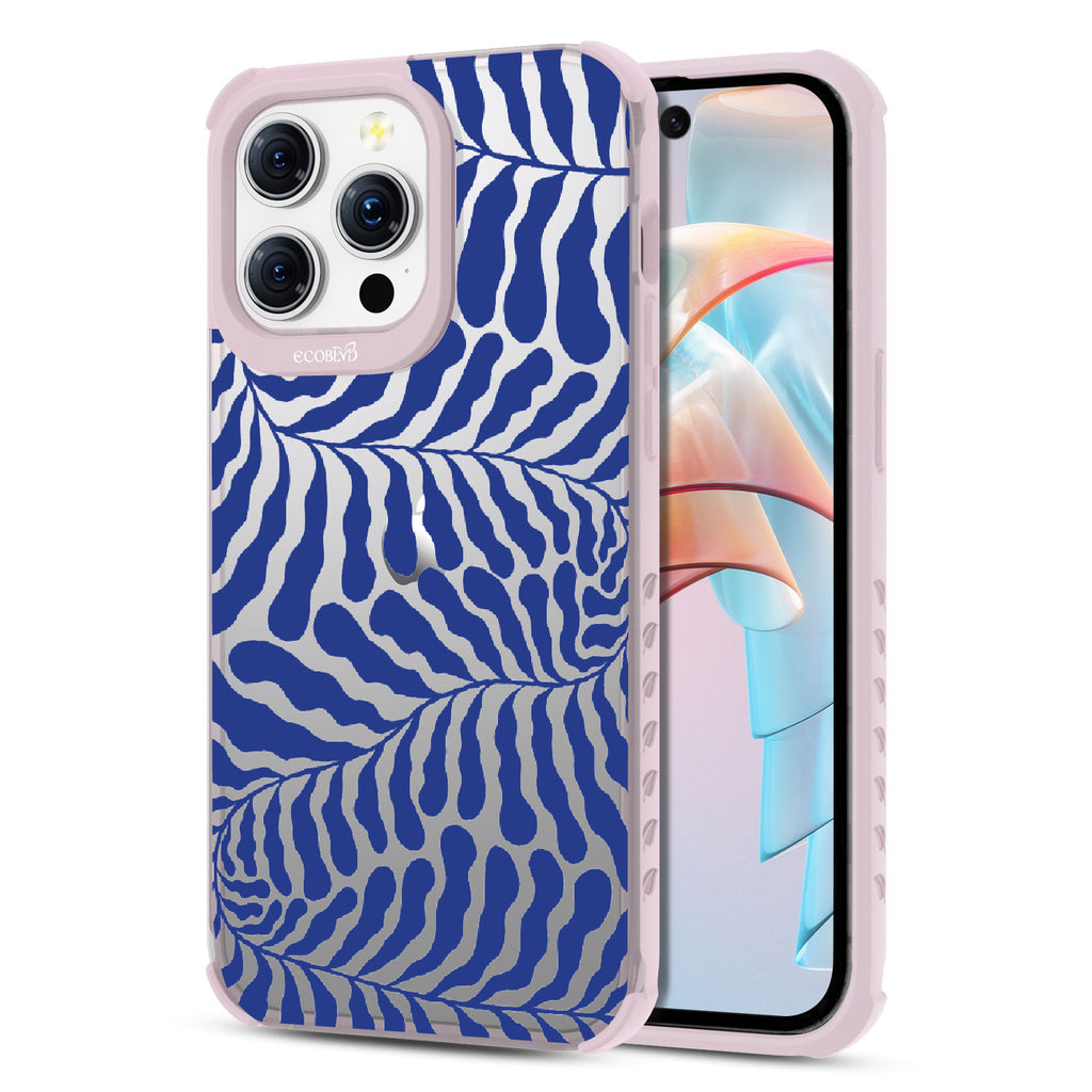  Blue Lagoon - Back View Of Eco-Friendly iPhone 15 Pro Max Clear Case With Pastel Lilac Rim & Front View Of Screen