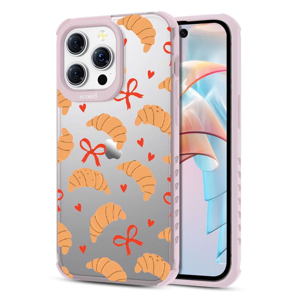 Front and back view of iPhone 15 Pro Max case, clear compostable phone case with lilac ridges, Croissant Couture  design