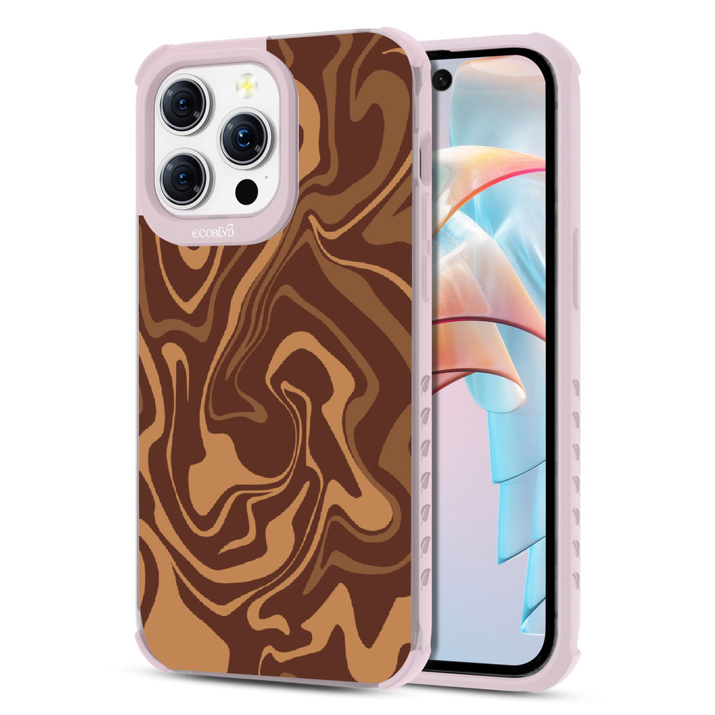 Front and back view of iPhone 15 Pro Max case, clear compostable phone case with lilac ridges, Stirred & Swirled design