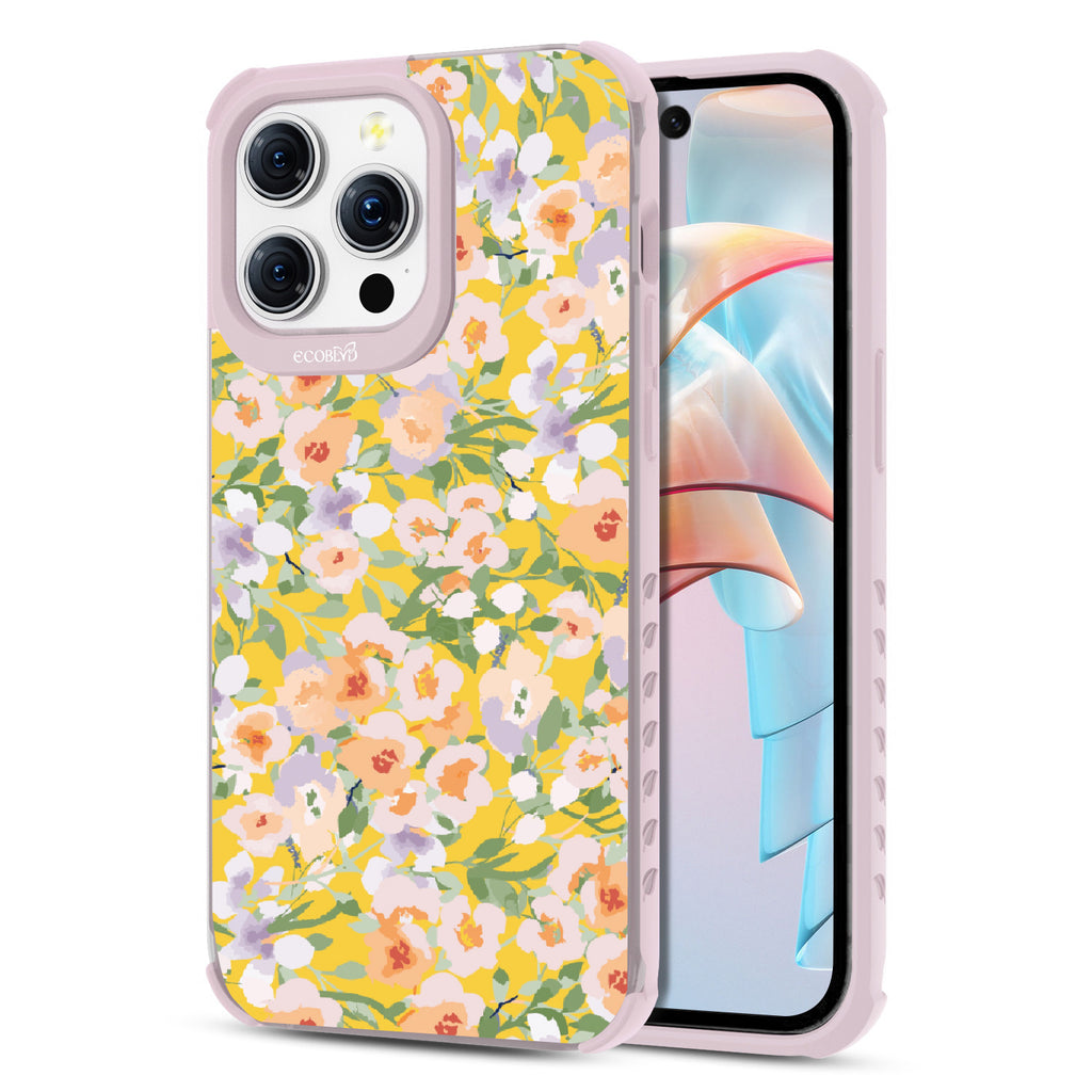 Front and back view of iPhone 15 Pro Max case, clear compostable phone case with lilac ridges, Flourish & Shine design