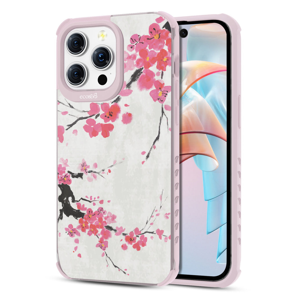 Front and back view of iPhone 15 pto Max case, clear compostable phone case with lilac ridges, Sakura Season design