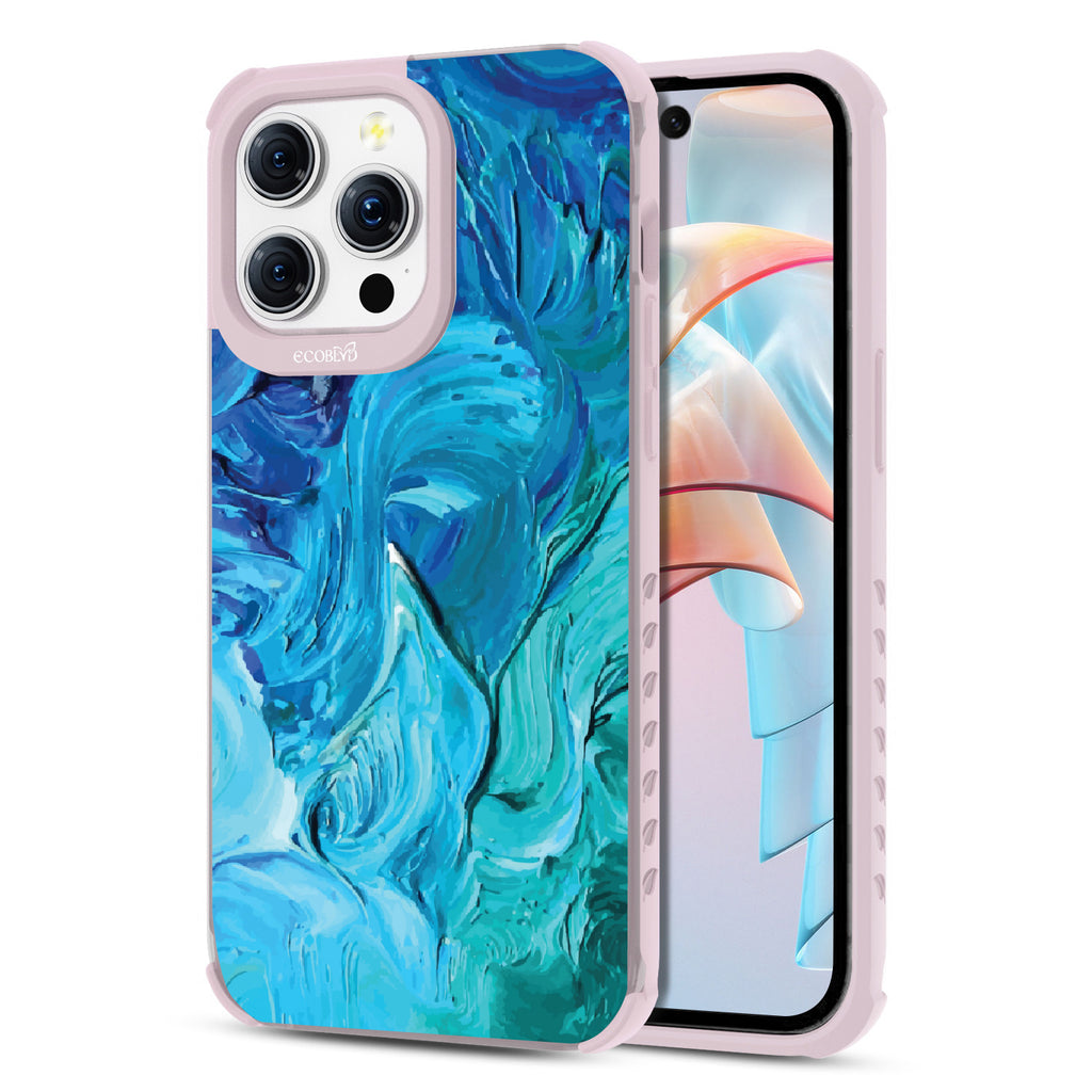 Front and back view of iPhone 15 Pro Max case, clear compostable phone case with lilac ridges, Oceanswept design