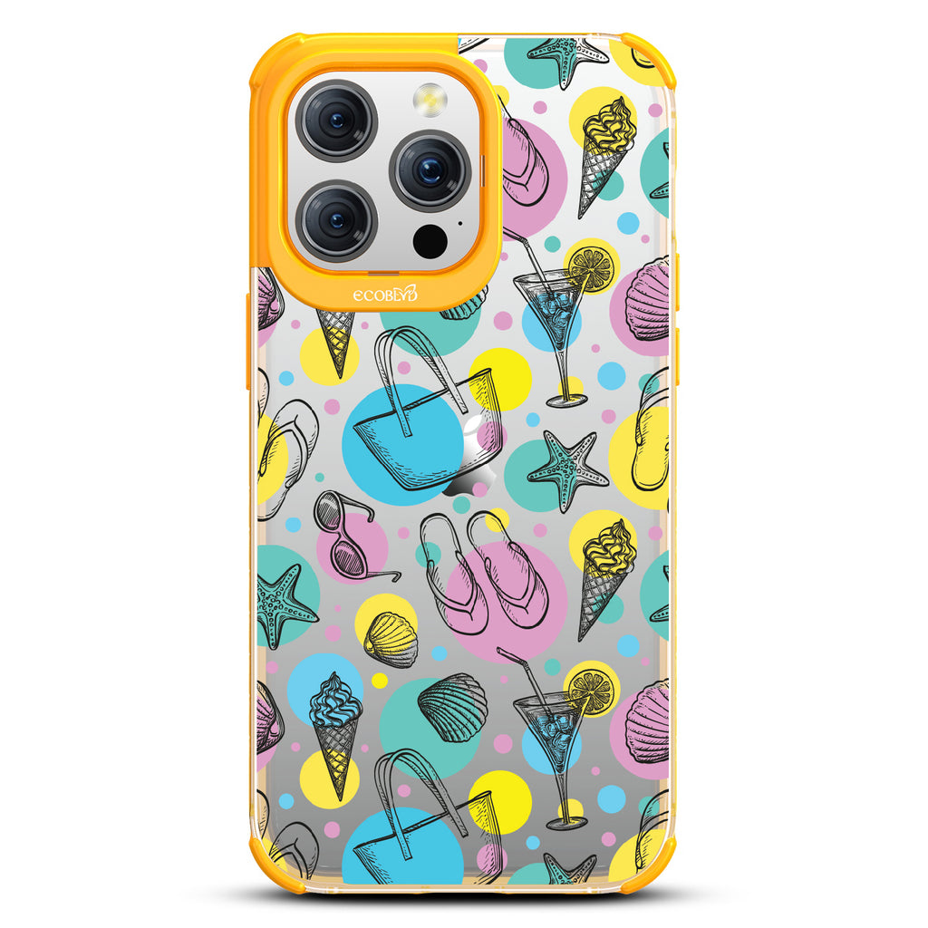 Beach Please - Sandals, Sunglasses, Beach Tote, Ice Cream - Eco-Friendly Clear iPhone 15 Pro Max Case With Yellow Rim