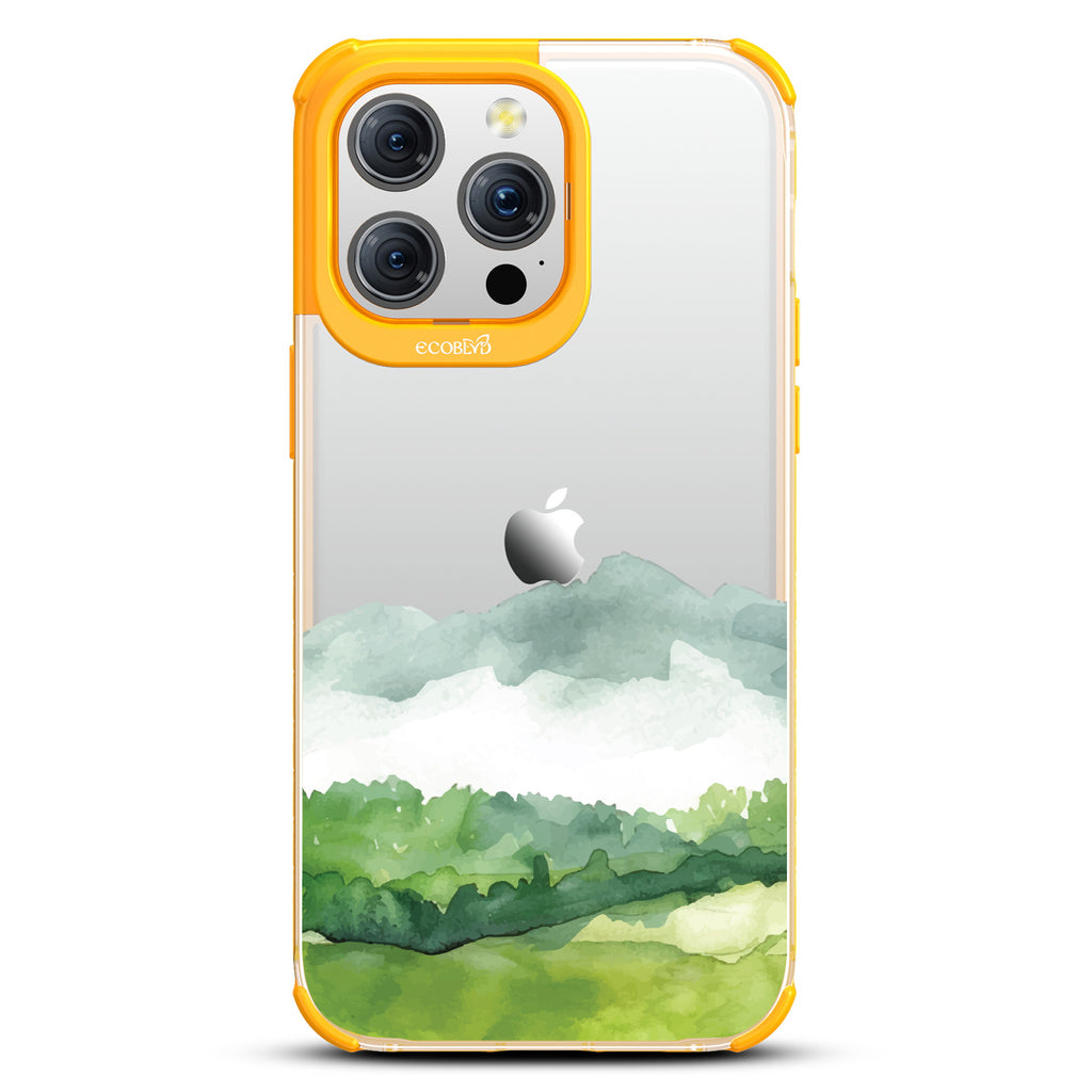 iPhone 15 Pro Max case, clear eco-friendly phone case with yellow ridges, back view, Open Horizon design