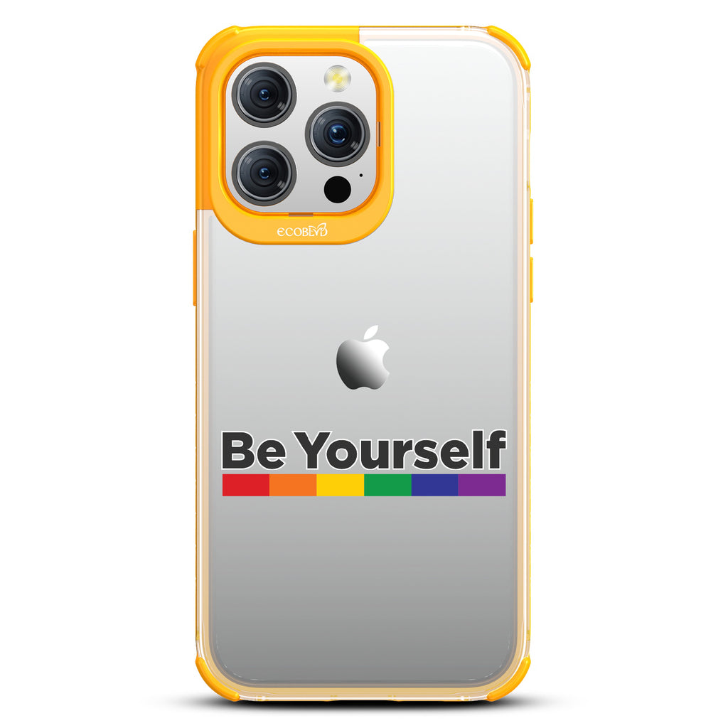 Be Yourself - Be Yourself + Rainbow Gradient Line - Eco-Friendly Clear iPhone 15 Pro Max Case With Yellow Rim 