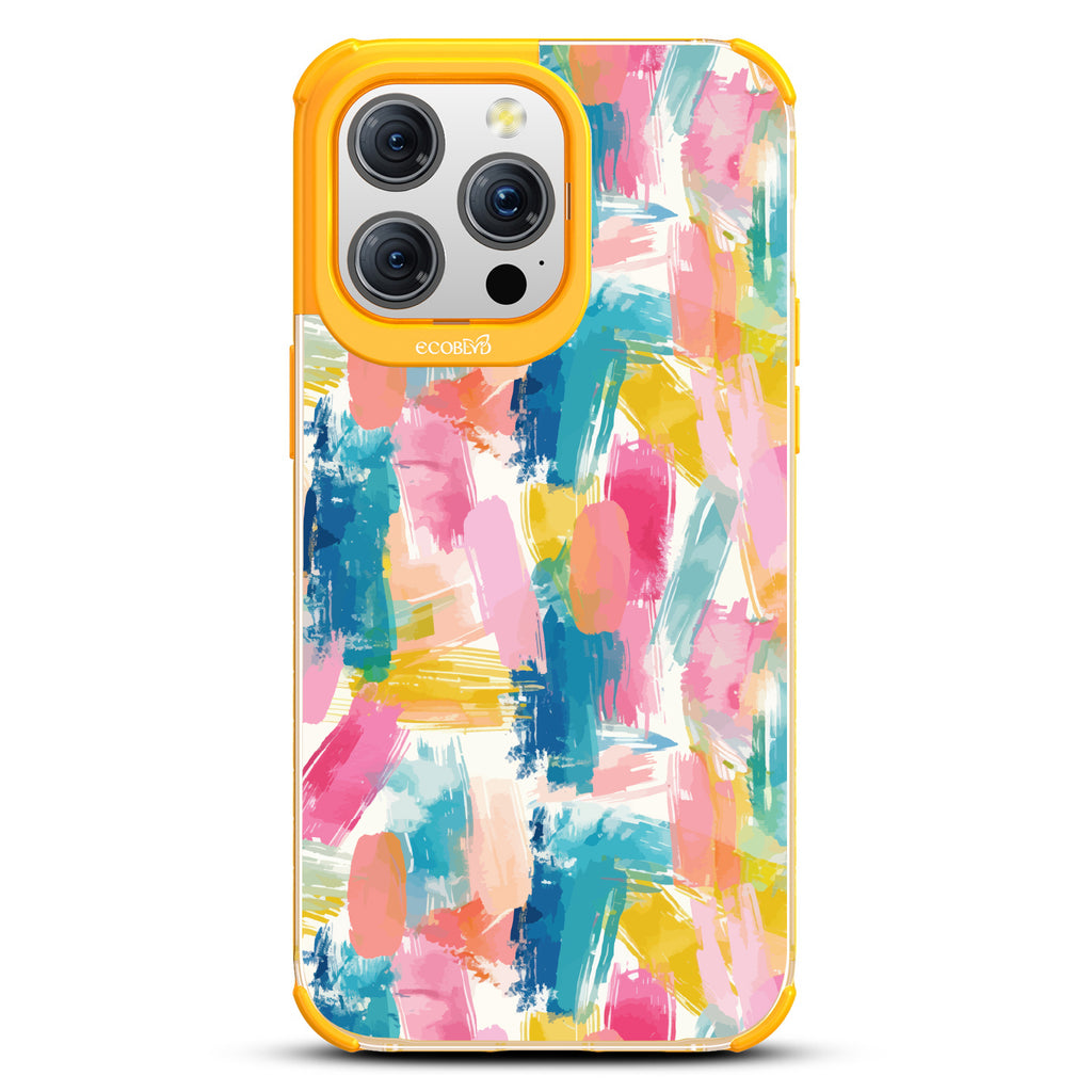 iPhone 15 Pro Max case, clear eco-friendly phone case with yellow ridges, back view, Blurred Beauty design
