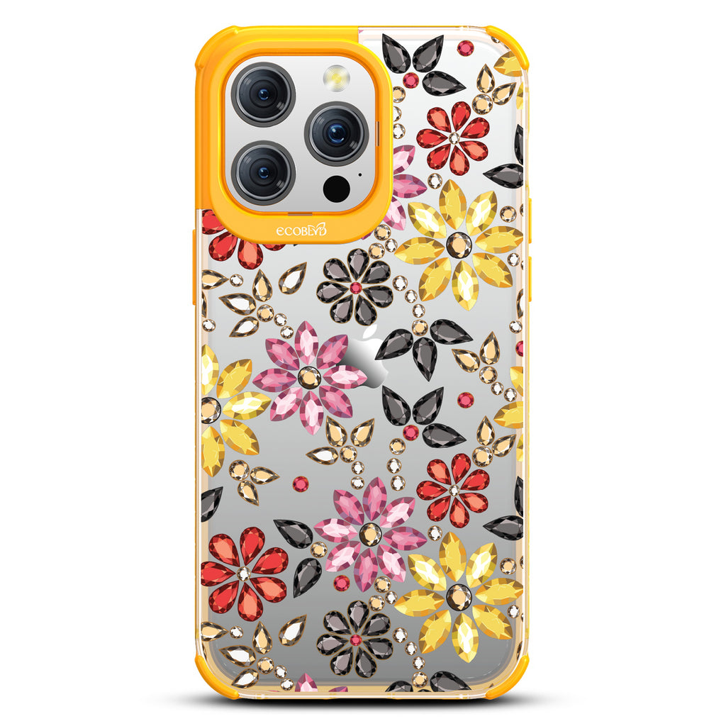Bejeweled - Rhinestone Jewels In Floral Patterns - Eco-Friendly Clear iPhone 15 Pro Max Case With Yellow Rim 