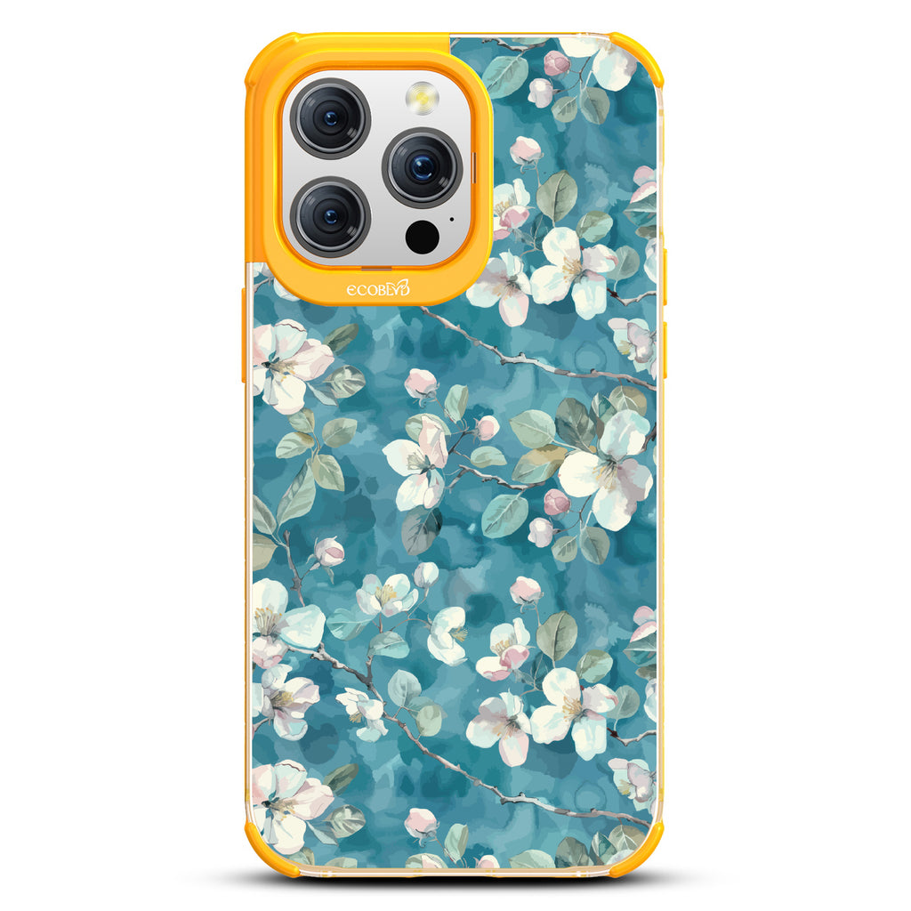 iPhone 15 Pro Max case, clear eco-friendly phone case with yellow ridges, back view, Sway & Sprout design