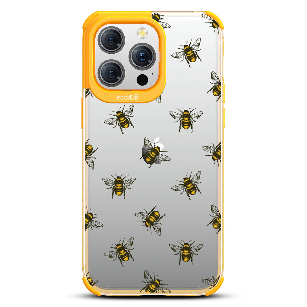 Bees - Honey Bees - Eco-Friendly Clear iPhone 15 Pro Max Case With Yellow Rim