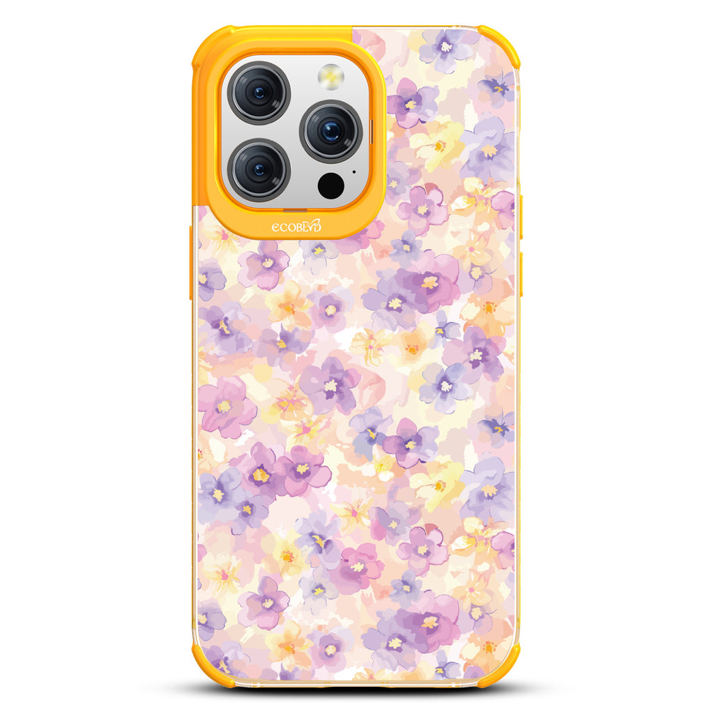 iPhone 15 Pro Max case, clear eco-friendly phone case with yellow ridges, back view, Flowering Thoughts design