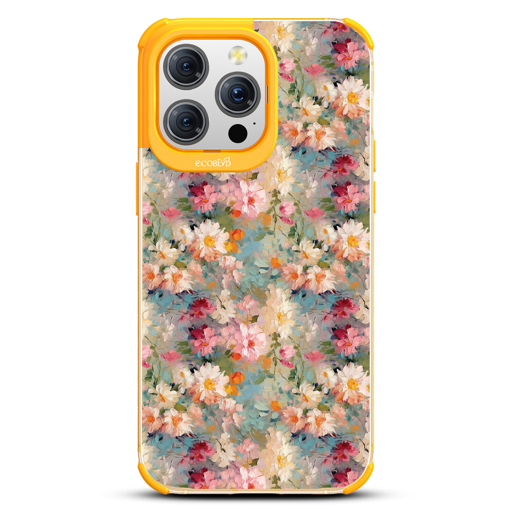 iPhone 15 Pro Max case, clear eco-friendly phone case with yellow ridges, back view, Perennial design