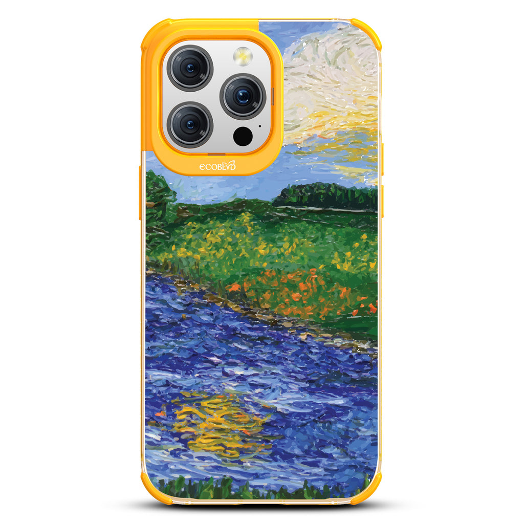 iPhone 15 Pro Max case, clear eco-friendly phone case with yellow ridges, back view, Field of Vision design
