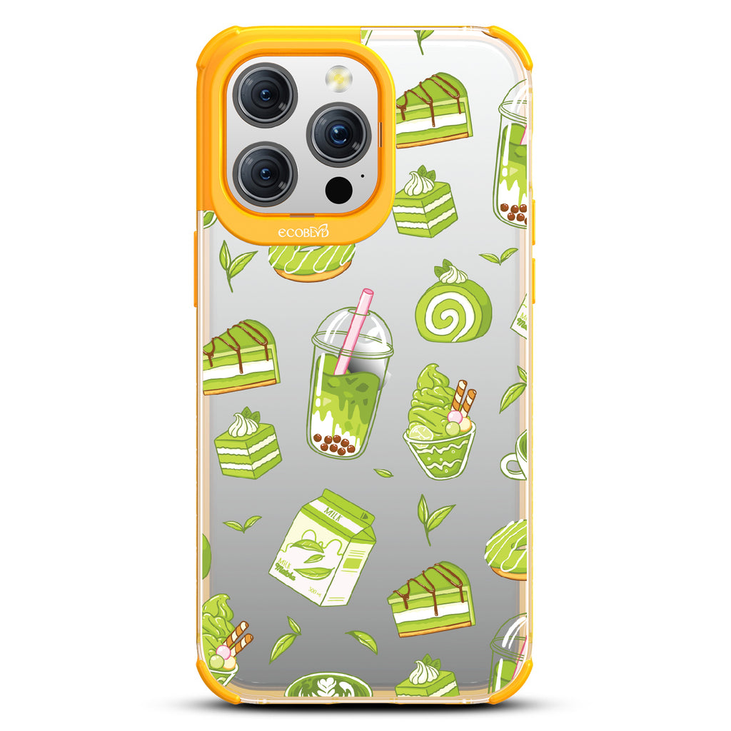 iPhone 15 Pro Max case, clear eco-friendly phone case with yellow  ridges, back view, So Matcha More design