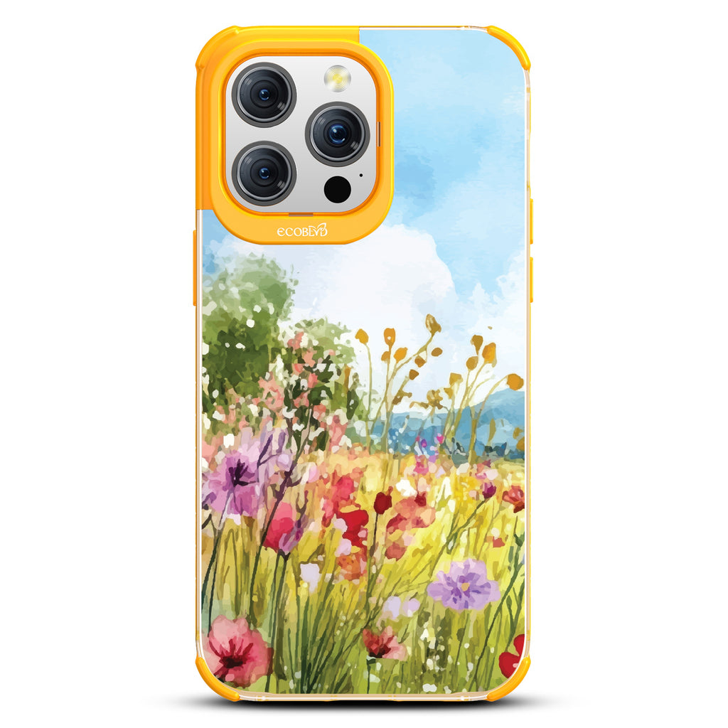 iPhone 15 Pro Max case, clear eco-friendly phone case with yellow ridges, back view, Everwild design