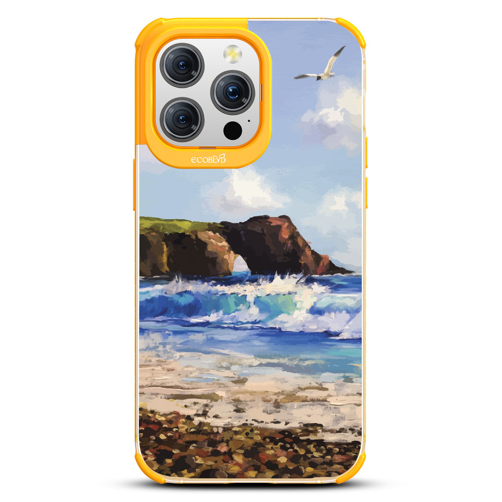 iPhone 15 Pro Max case, clear eco-friendly phone case with yellow ridges, back view, Cliffhanger design