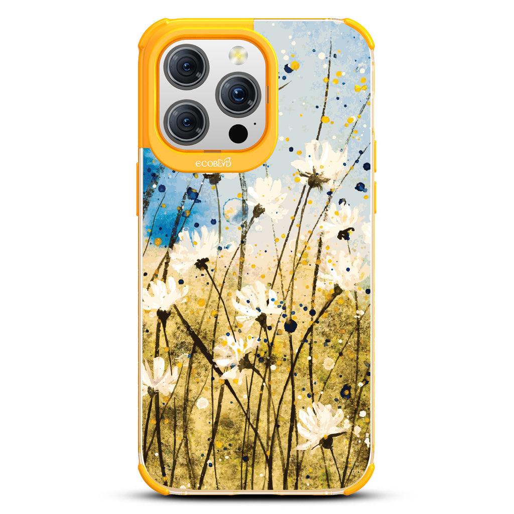 iPhone 15 Pro Max case, clear eco-friendly phone case with yellow ridges, back view, Dandelion Dance design