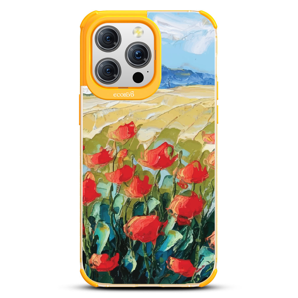 iPhone 15 Pro Max case, clear eco-friendly phone case with yellow ridges, back view, Sleepy Bloom design