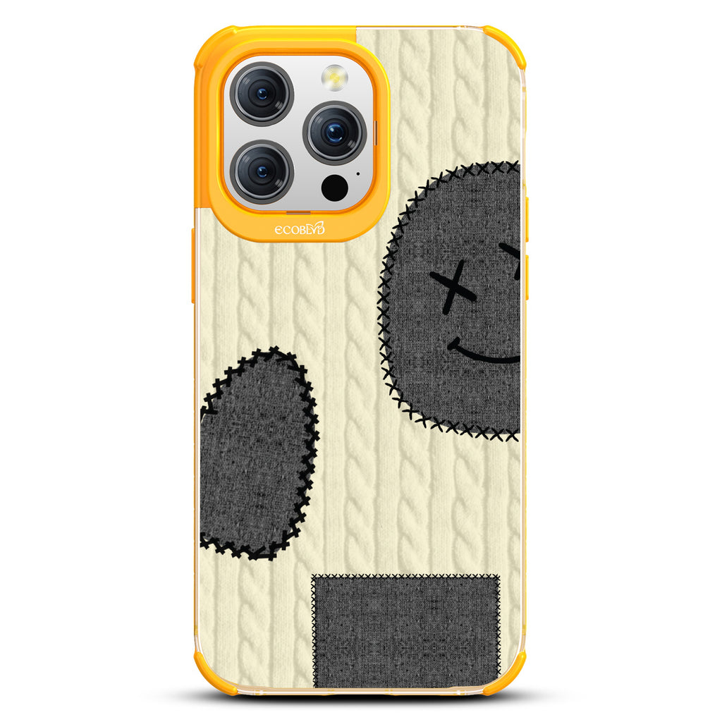 All Patched Up - Cable Knit With Patches of Heart + Happy Face - Eco-Friendly Clear iPhone 15 Pro Max Case With Yellow Rim