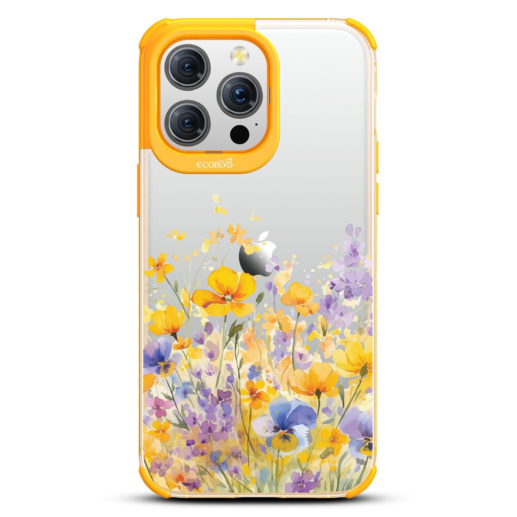 iPhone 15 Pro Max case, clear eco-friendly phone case with yellow ridges, back view, Meadowlight design