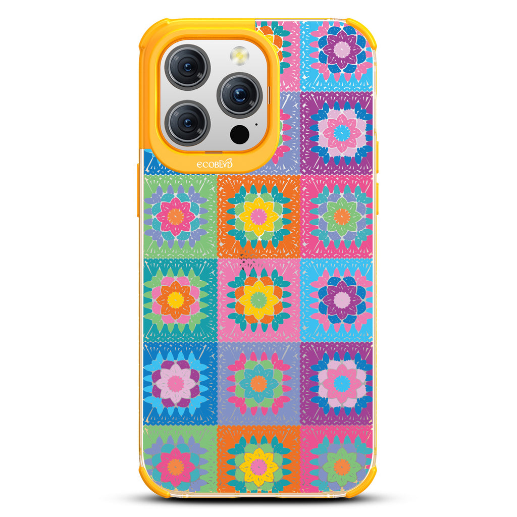 All Squared Away - Pastel Vintage Granny Squares Crochet - Eco-Friendly Clear iPhone 15 Pro Max Case With Yellow Rim 